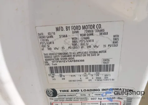 2010 Ford F-150 Fx4/Harley-Davidson/King Ranch/Lariat/Platinum/Xl/Xlt from USA, damaged, VIN 1FTFW1EV1AFB59398